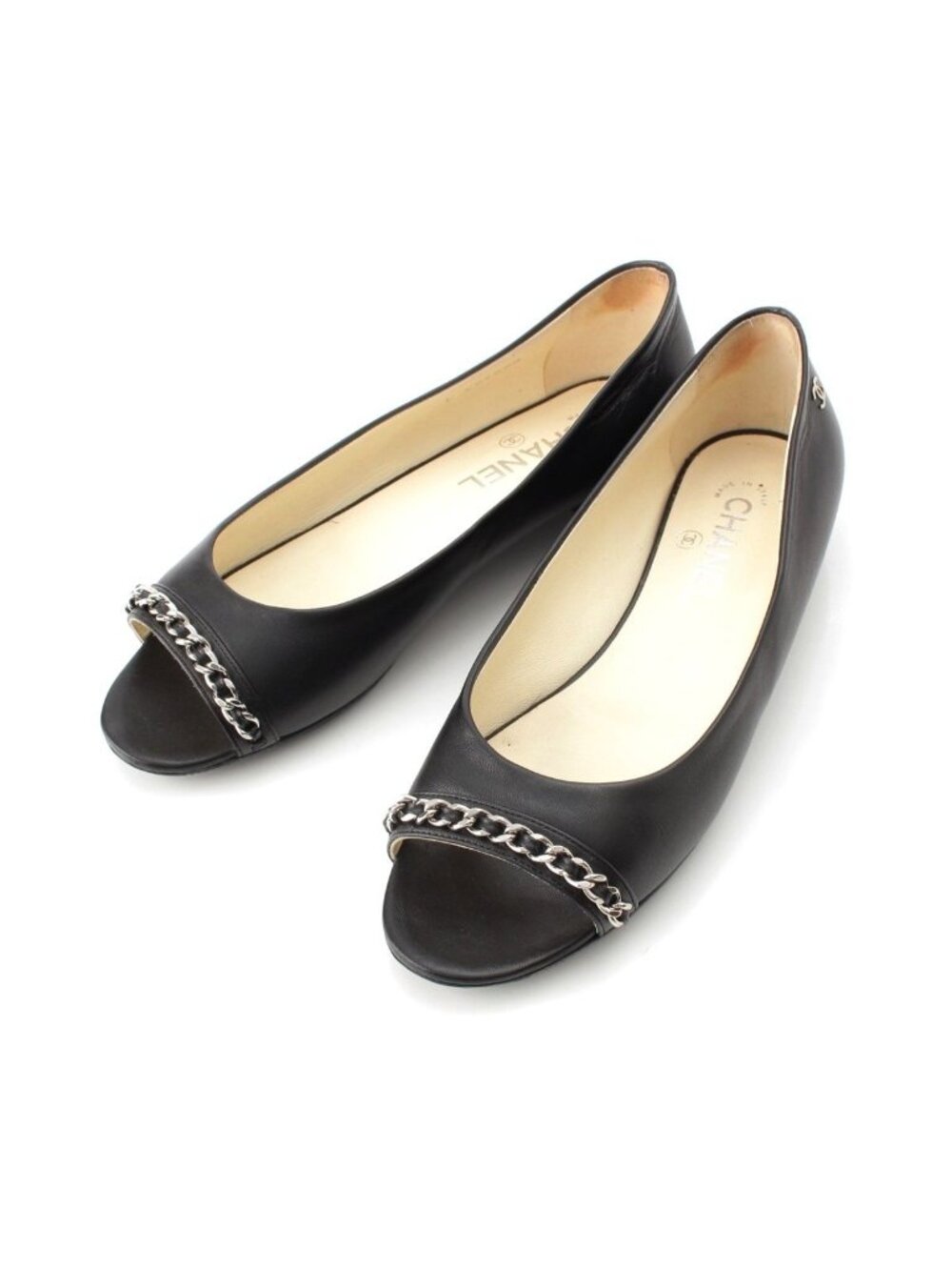 Chanel Lambskin Leather CC Logo Chain Open Toe Pumps Flat Shoes Black 39C
